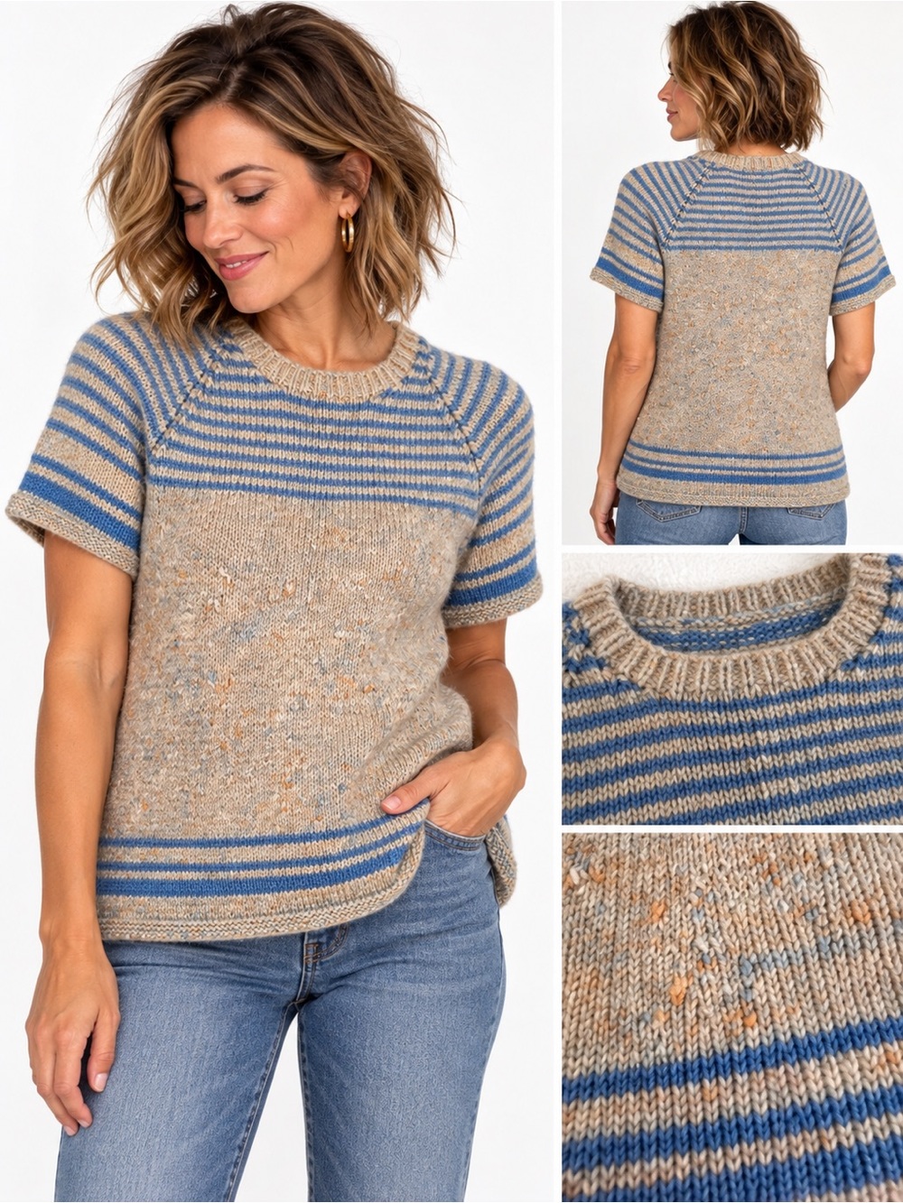 Vintage Hand Knit Sweater Blue Striped Speckled Wool Look Short Sleeve Artisan